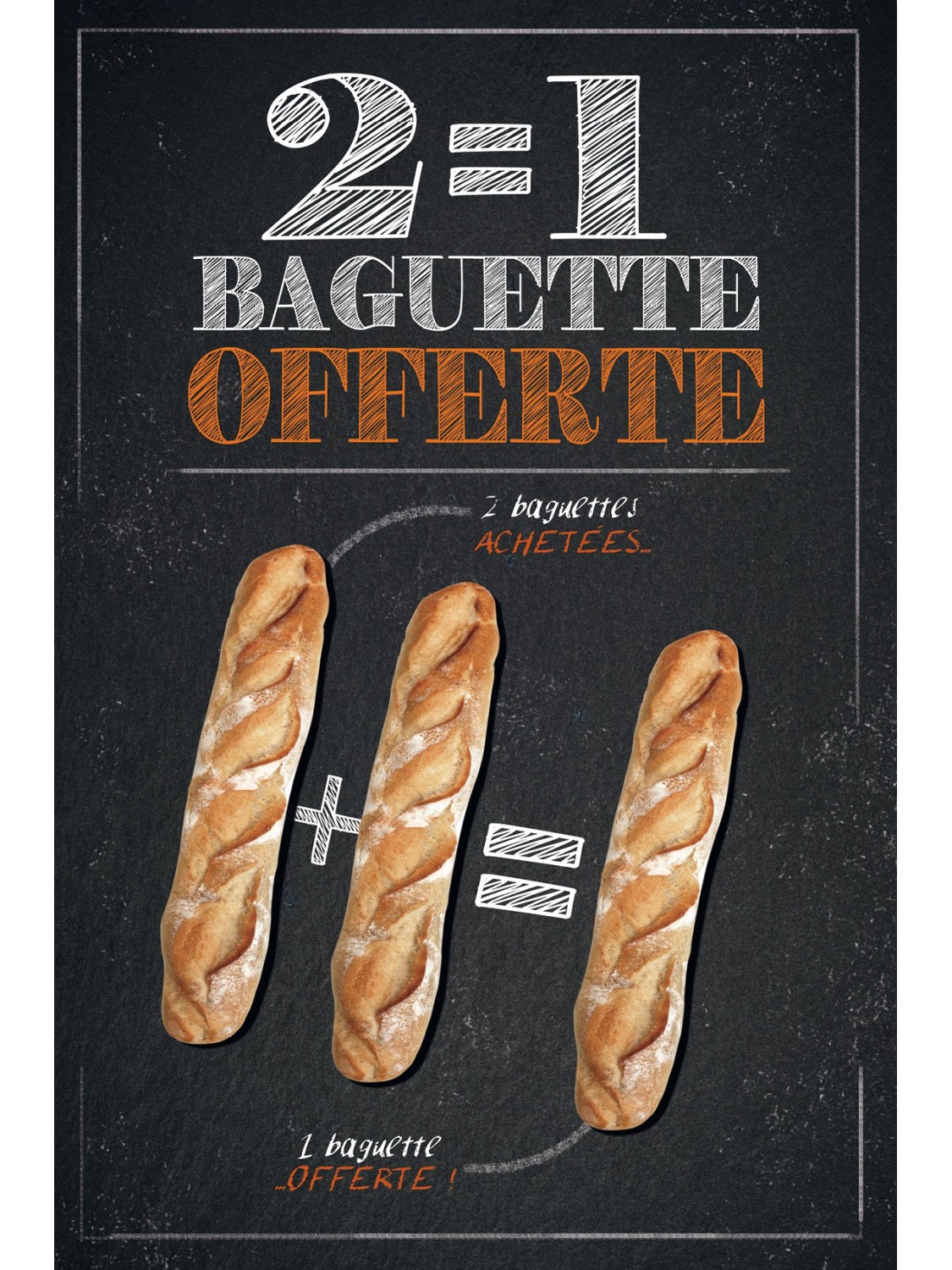 Affiche Boulangerie "2 égal 1 baguette offerte"