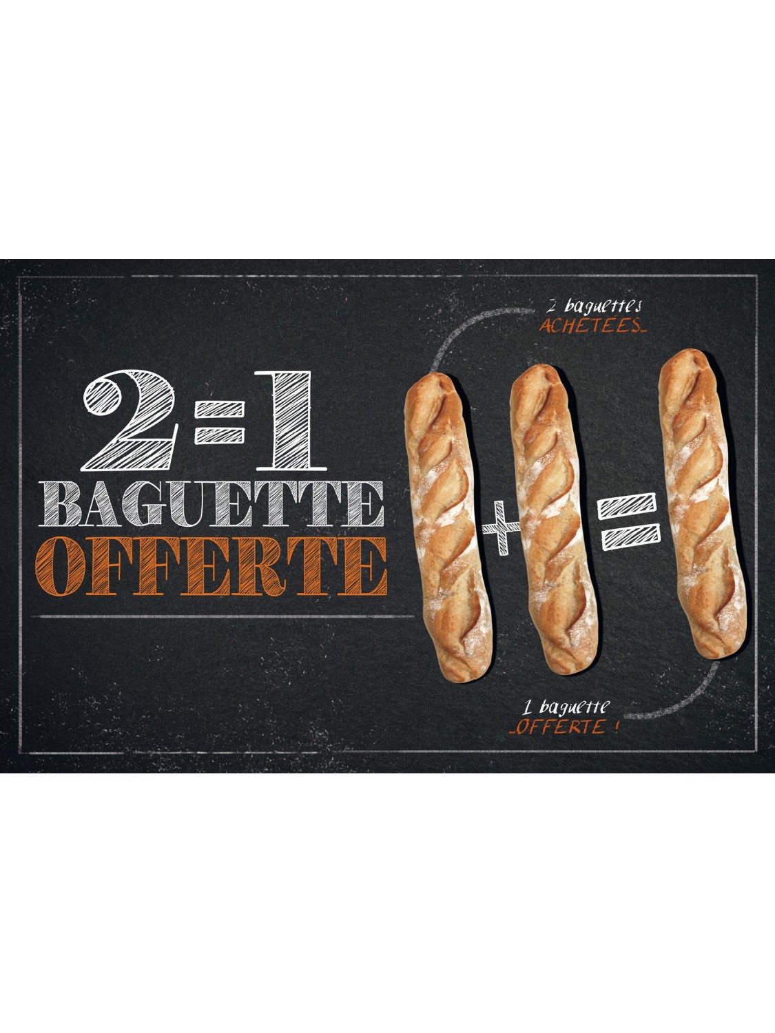 Affiche Boulangerie "2 égal 1 baguette offerte"