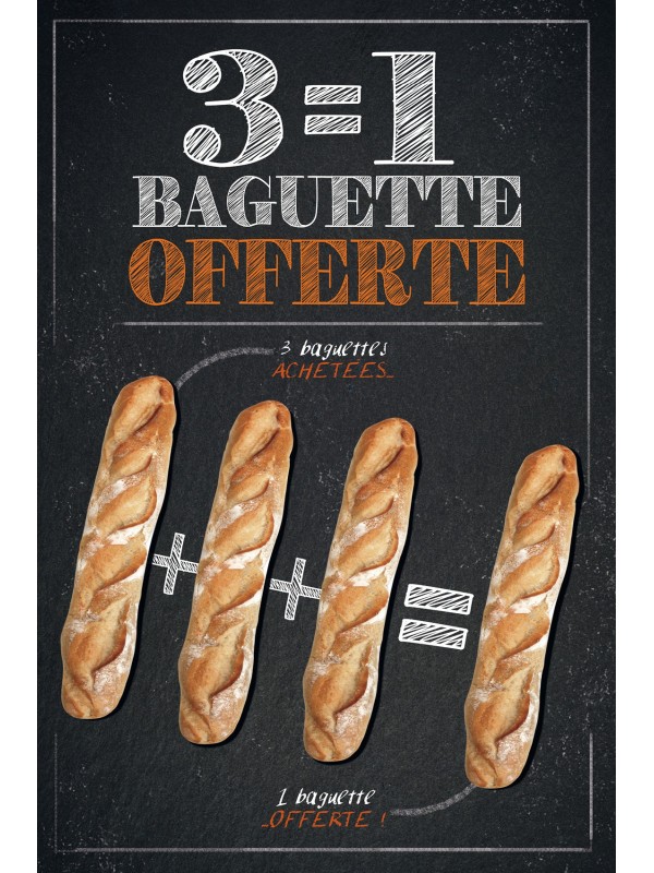 Affiche Boulangerie "3 égal 1 baguette offerte"